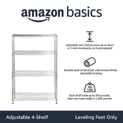 Amazon Basics 4-Shelf Adjustable, Heavy Duty Storage Shelving Unit (350 lbs loading capacity per shelf), Steel Organizer Wire Rack, Chrome Silver, 36" L x 14" W x 54" H