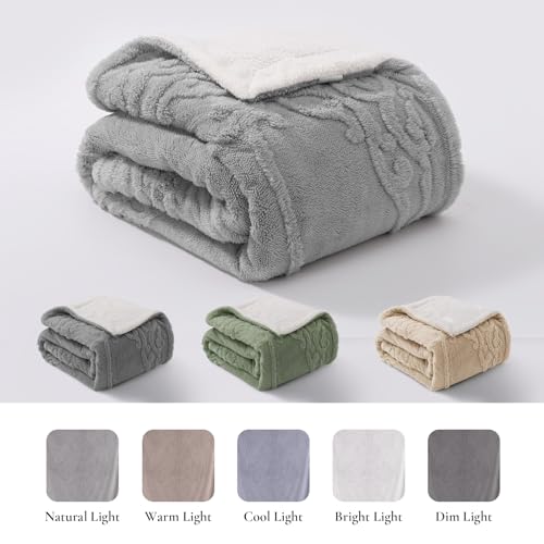 Amélie Home Sherpa Throw Blanket for Couch, Damask 3D Jacquard Pattern and Soft Teddy Sherpa Reverse, Decorative Fleece Thick Warm Blanket for Sofa Bed, Grey, 60"x 80"