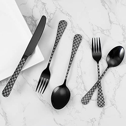 Black Silverware Set, YFBXG 20 Piece Black Sliverware Flatware Cutlery Set，Stainless Steel Black Utensil Set for 4,Knives and Forks and Spoons Sets With Patten Handle （Fan-shaped,Black）