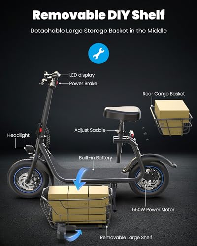 Gyroshoes Electric Scooter with Seat for Adults, 550W Powerful Motor 20miles Distance Max 18.6MPH Speed Spacious Storage Space LED Display, C1S