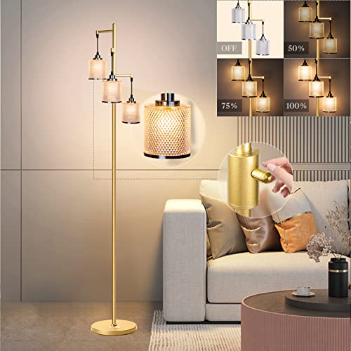 bulbeats 67IN Dimmable (Brightness Adjustable) Floor Lamp with 0%-100%, Floor Lamp with 3pcs LED Bulbs Included Plastic Shatterproof Lampshade Gold Mid-Century Modern Light for Living Room/Bedroom