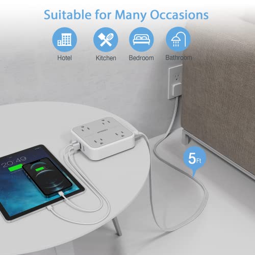 Flat Plug Power Strip, TESSAN 5 ft Ultra Thin Extension Cord with 3 USB Wall Charger(1 USB C Port), 4 Outlets Slim Desk Charging Station Compact for Travel, Office, School, Dorm Room Essentials