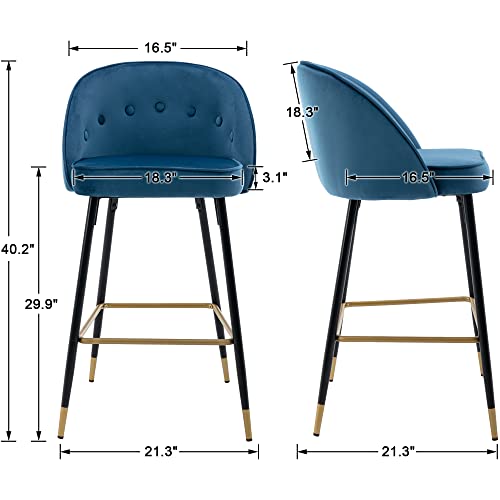 Guyou 30Inch Blue Velvet Bar Stools Set of 4 with Tufted Round Back, Modern Upholstered Kitchen Island High Chairs Barstools with Gold Footrest for Dining Room Kitchen Home Party