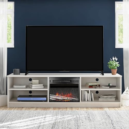 Ameriwood Home Noble TV Stand with Electric Fireplace Insert and 4 Shelves, 75", Ivory Oak