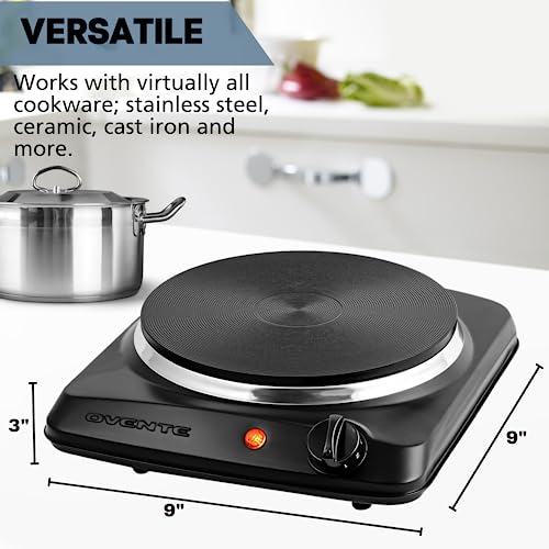 OVENTE Electric Countertop Single Burner, 1000W Cooktop with 7.25 Inch Cast Iron Hot Plate, 5 Level Temperature Controls, Compact Cooking Stove and Easy to Clean Stainless Steel Base, Black BGS101B