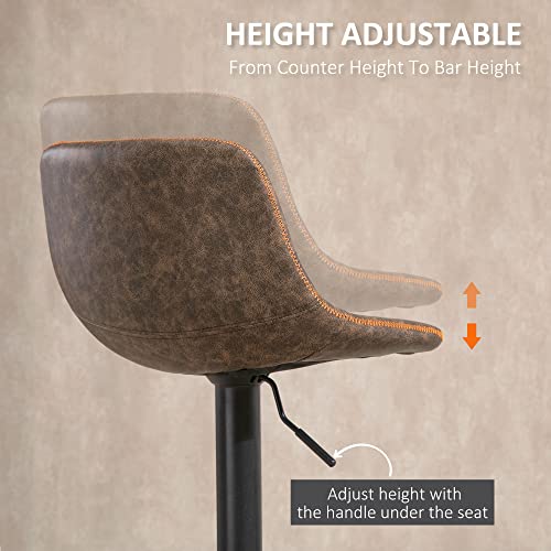 HOMCOM Adjustable Bar Stools, Swivel Bar Height Chairs Barstools Padded with Back for Kitchen, Counter, and Home Bar, Set of 2, Brown