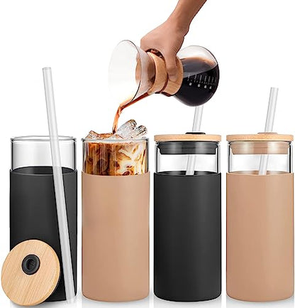 HeroFiber 20 oz Glass Tumbler with Straw and Lid, Bamboo Lids Water Bottle, Iced Coffee Cup Reusable, Straw Silicone Protective Sleeve – 2 Amber & 2 Black