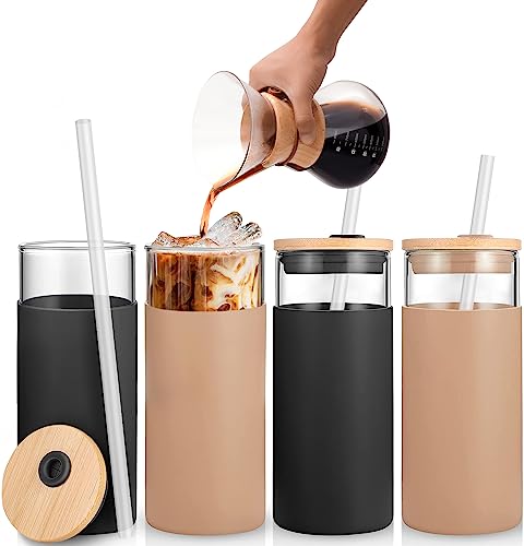 HeroFiber 20 oz Glass Tumbler with Straw and Lid, Bamboo Lids Water Bottle, Iced Coffee Cup Reusable, Straw Silicone Protective Sleeve – 2 Amber & 2 Black