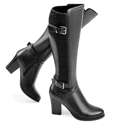 DCMBLY Knee High Boots Women Chunky Heel Almoud Toes Full Side Zipper Boots with Super Elasticity Embroidering Shrinked PU