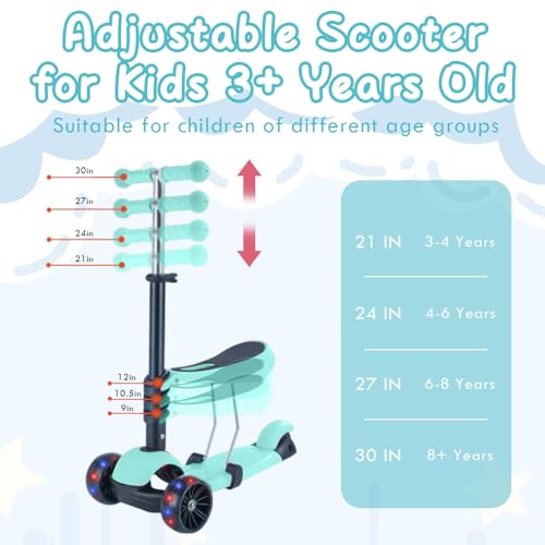 Kids Scooter,Toddler Scooter for Kids 3 Years Old,Adjustable Height and Removable Seat,with 3 LED Wheel Outdoor Activities Birthday Gift for Baby Toddler Boy Girl (Green)