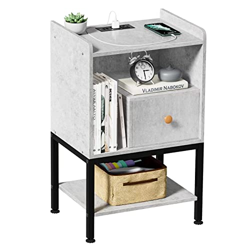 Gannyfer Nightstand with Charging Station, Night Stand with USB Ports and Storage Drawer, Modern 3-Tier End Side Table, Small Wood Bedside Table for Bedroom,Living Room,Grey