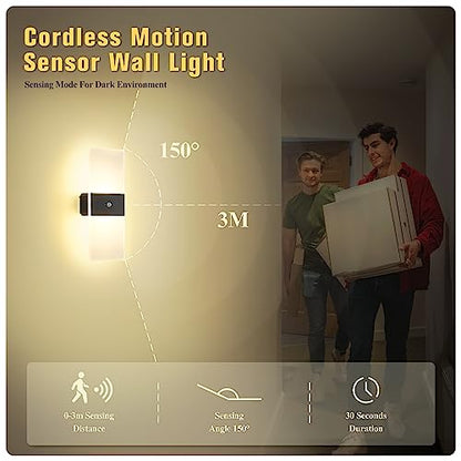 Battery Operated Wall Sconces Set of Two, Wireless Motion Sensor Wall Lights, Rechargeable Lamp Sconce Wall Lighting with 2-Mode for Hallway Stairway Bedroom Basement Living Room, LBD025-LED-BK2