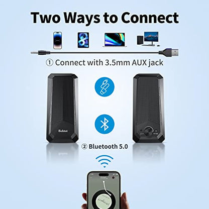 Bobtot Computer Speakers HiFi Stereo Sound - 2.0 Channel RGB Desktop Speakers PC Speaker with Bluetooth Volume Control USB Powered 3.5mm AUX-in Audio System