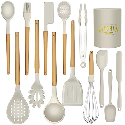 Kitchen Cooking Utensils Set, 14 Non-Stick Silicone Cooking Kitchen Utensils Spatula Set with Holder, Wooden Handle Silicone Kitchen Gadgets Utensil Set for Nonstick Cookware (Khaki)