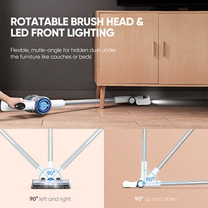Cordless Vacuum Cleaner 25KPa 320W Powerful Lightweight Stick Vacuum with 60mins Long Runtime Detachable Battery, Flexible Flat & LED Headlights Vac One-Touch for Stair Hardwood Floor Carpet Pet Hair