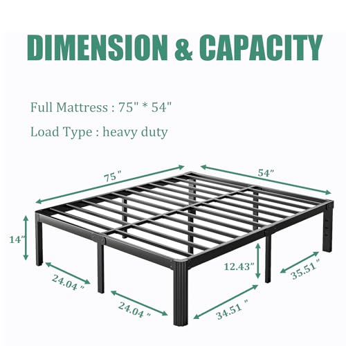 LAKKURI 14 Inch High Full Size Bed Frame No Box Spring Needed, Platform Metal Bed Frame Full Size, Noise Free, Easy Assembly, Heavy Duty, Black