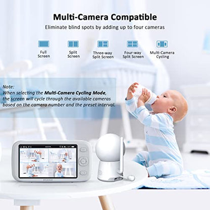 NexiGo Video Baby Monitor with Camera and Audio, 5 Inch Split IPS Screen, Support Up to 4 Cameras, 2-Way Audio, Pan-Tilt-Zoom, 4800mAh Battery, Temperature Detection, Night Vision, Lullaby (White)