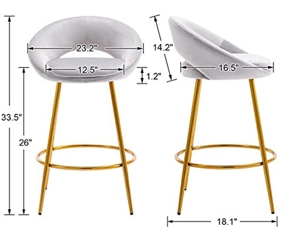 CIMOTA Velvet Grey Bar Stools Set of 2 Modern Barstools 26 Inch Counter Stool Chairs with Open Back/Gold Base Kitchen Stools for Island/Home Bar/Dining Room/Kitchen