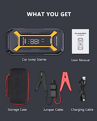 NEOQOQO Car Jump Starter, 4500A Peak Battery Jumper Starter Portable(10L Gas & 8L Diesel Engine), 12V Car Jumper Battery Pack with Smart Jumper Cables, Quick Charge, 3”Large Display, LED Light