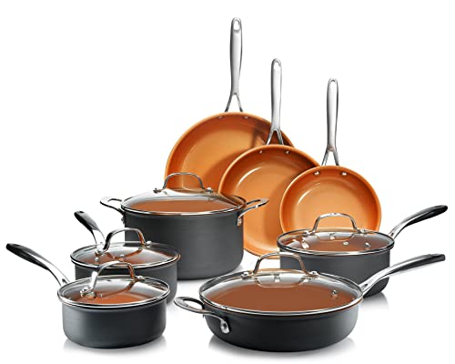 Gotham Steel Pro 13 Pc Ceramic Pots and Pans Set Nonstick Cookware Sets Pot and Pan Set, Kitchen Cookware Sets, Ceramic Cookware Set, Hard Anodized Cookware Set, Pot Set, Dishwasher Safe, Copper