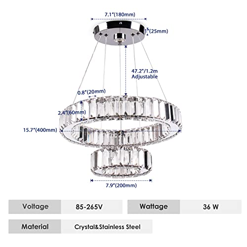 YPQXYHDA Modern LED Chandelier 2 Ring Chandelier Round LED Ceiling Light Crystal Chandelier for Dining Room Bedroom, Dia 7.9"+15.7"