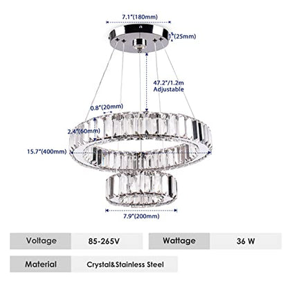 YPQXYHDA Modern LED Chandelier 2 Ring Chandelier Round LED Ceiling Light Crystal Chandelier for Dining Room Bedroom, Dia 7.9"+15.7"