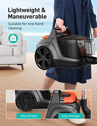 Aspiron Canister Vacuum Cleaner, 1200W Lightweight Bagless Vacuum Cleaner, 3.7QT Capacity, Automatic Cord Rewind, 5 Tools, HEPA Filter, Pet Friendly Vacuum Cleaner for Hard Floors, Pet Hair, Carpet
