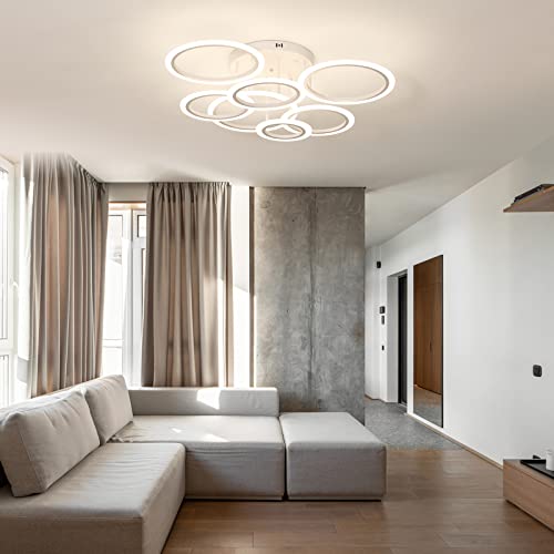 YEEZONE LED Ceiling Light, Modern Chandelier 7 Rings White Ceiling Light Fixture 34" 120W 10000LM Remote Control Dimmable 3000K-6500K for Living Room, Dining Room, Kitchen, Bedroom, Office