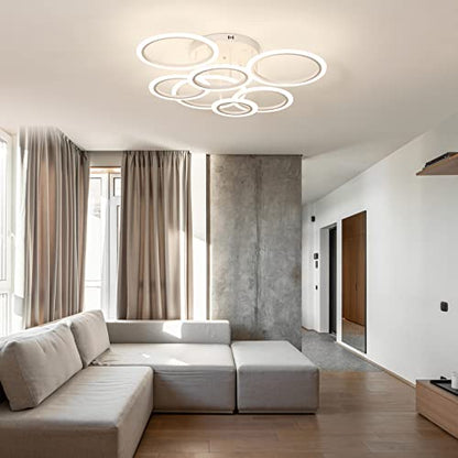 YEEZONE LED Ceiling Light, Modern Chandelier 7 Rings White Ceiling Light Fixture 34" 120W 10000LM Remote Control Dimmable 3000K-6500K for Living Room, Dining Room, Kitchen, Bedroom, Office