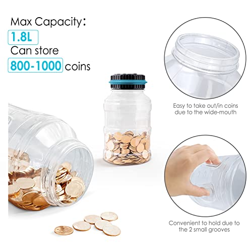 Large Piggy Bank for Boys Adults, Vcertcpl Digital Coin Counting Bank with LCD Counter, 1.8L Capacity Coin Bank Money Jar for Adults, Designed for All US Coins (Blue)
