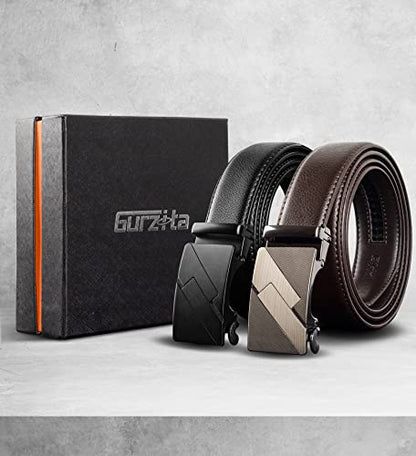 Truyis Gurzita Ratchet Belt for Men Women 2 Pack,1 3/8" Leather Ratchet Belt,Adjustable Slide Click Belt in Gift Set Box
