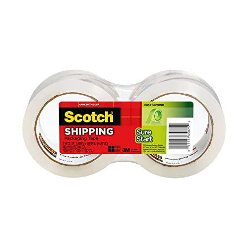 Scotch Sure Start Packing Tape, Clear, Quiet Unwind and Easy Start, 1.88 in. x 54.6 yd., 2 Tape Rolls