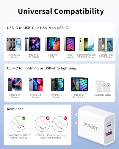 20W USB C Fast Charger for iPhone 15/15 Plus/15 Pro/15 Pro Max, iPad Pro/Air/Mini, AirPods Pro, 3-Pack Dual Port USB C Wall Charger Power Adapter Type C Fast Charging Block with 6FT USB C to C Cable
