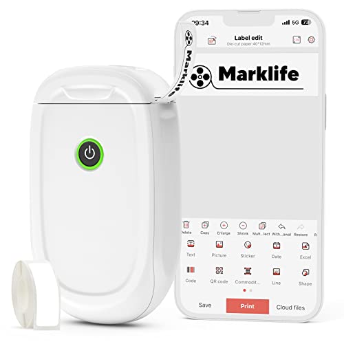 MARKLIFE P11 Label Maker Machine with Tape, Mini Thermal Wireless Inkless Sticker Printer Machine for Home Kitchen Office Organization (White, 1 Printer+1 Tape)