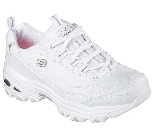 Skechers Sport womens D'LITES FRESH START Memory Foam Lace-up Sneaker,White Silver,8 M US