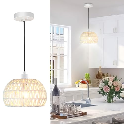 Boho Pendant Lights Kitchen Island Boho Chandelier Light Fixture Adjustable Pendant Lights Rattan Lamp Wicker Pendant Light for Kitchen Island Bedroom Living Room Dining Room Farmhouse 8.27 Inches