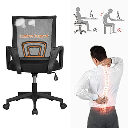 Yaheetech Office Chair Ergonomic Computer Chair Mid Back Adjustable Desk Chair with Lumbar Support Armrest, Swivel Mesh Task Gaming Chair for Home Office Work Study, Black