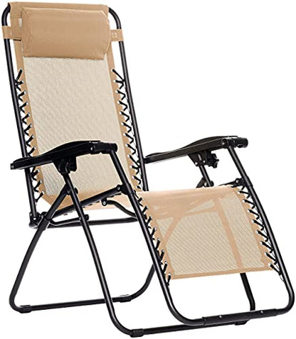 Amazon Basics Outdoor Textilene Adjustable Zero Gravity Folding Reclining Lounge Chair with Pillow, 26", Beige