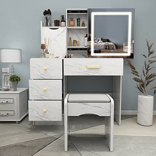 NeuType Vanity Desk with Mirror and Lights, Makeup Lights Table Set, White 3 Color Lighting Brightness Adjustable, Marble Pattern