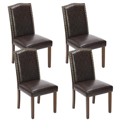 DUMOS Dining Chairs Set of 4, Leather Dining Room Chairs, Upholstered Parsons Chairs with Nailhead Trim and Wood Legs, Kitchen Side Chair for Living Room,Bedroom, Kitchen, Dark Brown