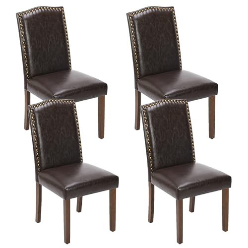 DUMOS Dining Chairs Set of 4, Leather Dining Room Chairs, Upholstered Parsons Chairs with Nailhead Trim and Wood Legs, Kitchen Side Chair for Living Room,Bedroom, Kitchen, Dark Brown