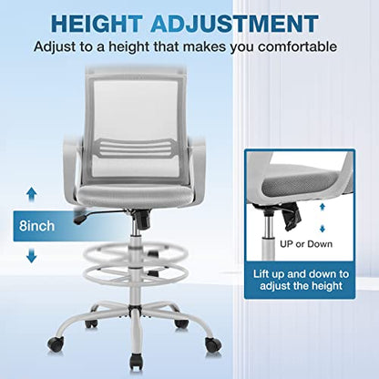 Drafting Chair Standing Desk Chair Tall Office Chair Counter Height Office Chairs with Armrests High-Density Sponge Thicker Seat for Bar Height Desk, Light Grey