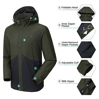 CAMEL CROWN Mens Waterproof Jacket Hooded Windbreaker Windproof Rain Coat Shell for Outdoor Hiking Climbing Traveling (Army Green, L)