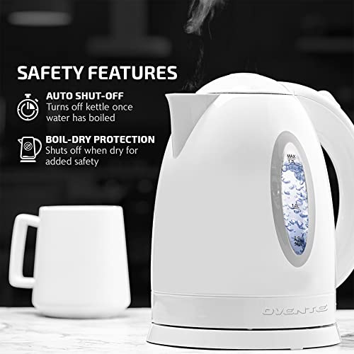 OVENTE Electric Kettle Hot Water Heater 1.7 Liter - BPA Free Fast Boiling Cordless Water Warmer - Auto Shut Off Instant Water Boiler for Coffee & Tea Pot - White KP72W