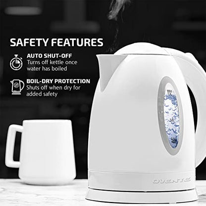 OVENTE Electric Kettle Hot Water Heater 1.7 Liter - BPA Free Fast Boiling Cordless Water Warmer - Auto Shut Off Instant Water Boiler for Coffee & Tea Pot - White KP72W