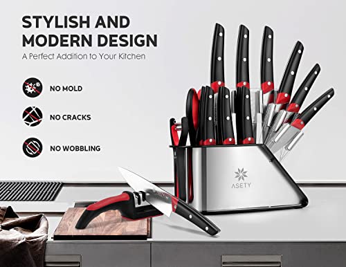 ASETY Knife Sets for Kitchen with Block- NSF Food-Safe, Full Tang German Stainless Steel 17 PCS Chef Knife Set with 4-in-1 Knife Sharpener and 2x Peeler- Ergonomic Handle, Christmas Gifts