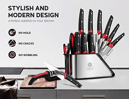 ASETY Knife Sets for Kitchen with Block- NSF Food-Safe, Full Tang German Stainless Steel 17 PCS Chef Knife Set with 4-in-1 Knife Sharpener and 2x Peeler- Ergonomic Handle, Christmas Gifts