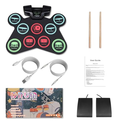 FVEREY Electric Drum Set, 9 Drum Practice Pads, Roll Up Drum Kit, Portable Digital Drum Machine with Headphone Jack, Built-in Speaker, Drum Sticks, Pedals, Christmas Birthday Gift for Beginner, Kids