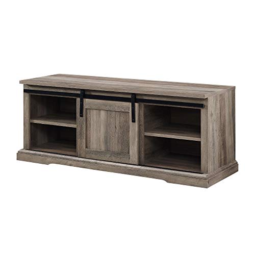 Walker Edison Farmhouse Sliding Grooved Door Entryway Bench Shoe Storage Shelf Hallway Organizer, 48 Inch, Grey Wash