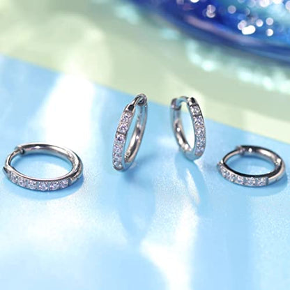 Limerencia Hypoallergenic Pure Titanium Pairs Small Huggie Hoop Earrings, Lightweight Cartilage Hoops Small Cubic Zirconia Cuff Earrings Mini Piercing Jewelry for Women Girls Teen (8mm, White CZ)